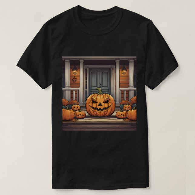 Calabazas En La Camiseta Negra Porch Halloween (Diseño del anverso)