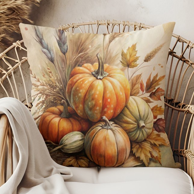 Calabazas rusas y deja el Cojín decorativo de caíd (Rustic Pumpkins & Leaves Boho Fall Throw Pillow in a boho rattan armchair)
