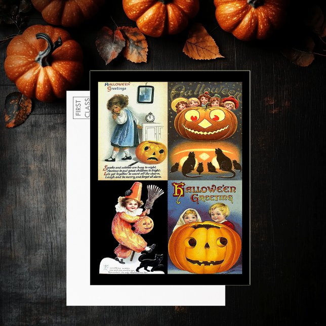 Calabazas Vintage Niños 4 Fotos Gran Postal (Vintage Halloween Women Montage Large Postcard)