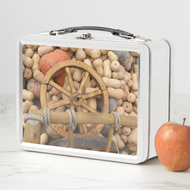 Calabazas y rueda del carrito de madera rural (In situ)
