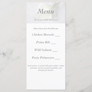 calas blancas en la tarjeta de lino del menú del