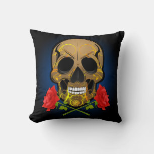 Calavera asustada y almohada de rosas.