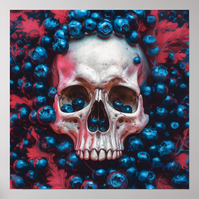 Calavera con arándanos de color azul Imprimir arte (Frente)