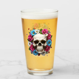 Calavera con flores rojas blancas y azules
