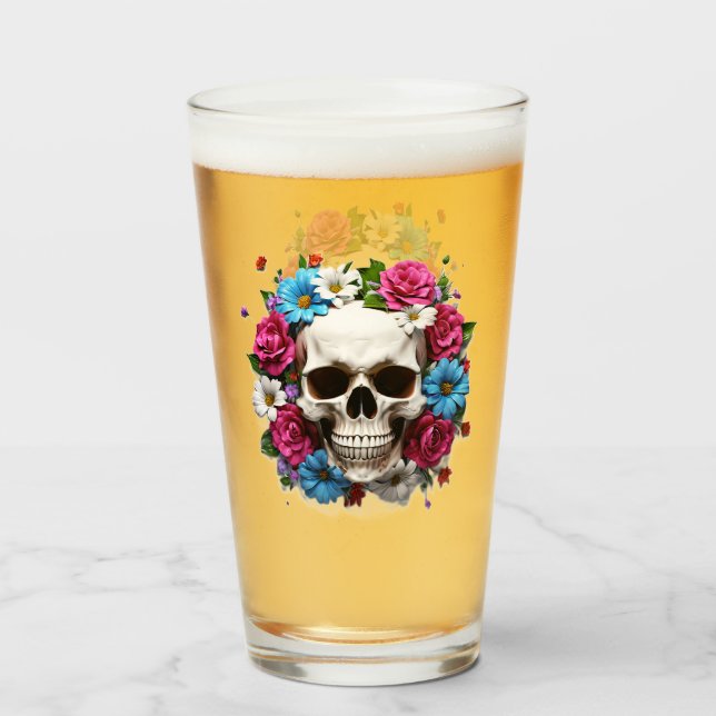 Calavera con flores rojas blancas y azules (Anverso (lleno))