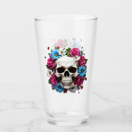 Calavera con flores rojas blancas y azules
