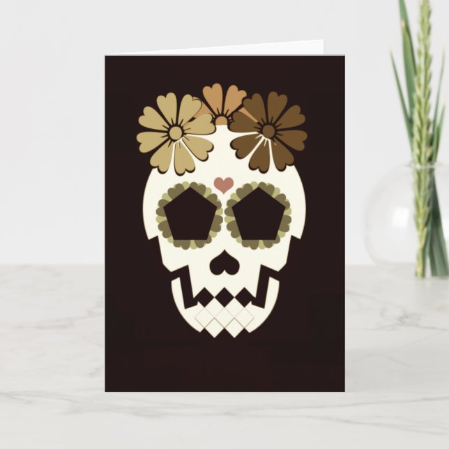 Calavera con Flores Sepia Tarjeta De Saludo (Anverso)