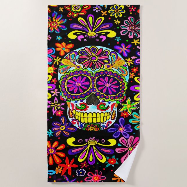Calavera con flores Toalla de playa (Anverso)