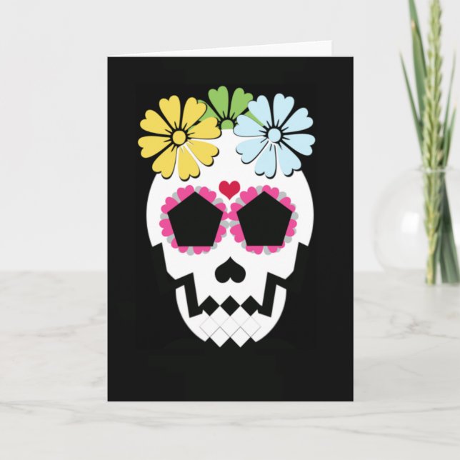 Calavera con tarjeta de saludo de flores (Anverso)