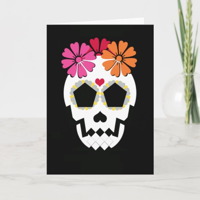 Calavera con tarjeta de saludo de flores (Anverso)