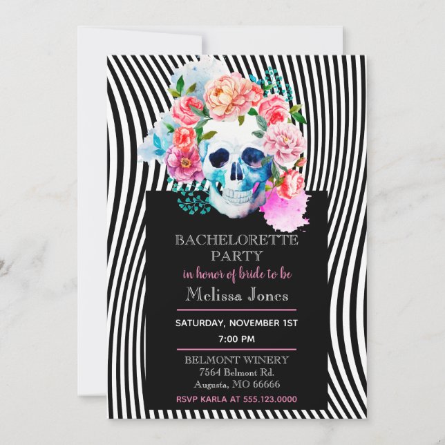 Calavera De Acuarela Floral Con Invitación De Raya (Anverso)