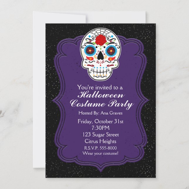 Calavera de Azúcar Colorida y Invitación de Fiesta (Anverso)