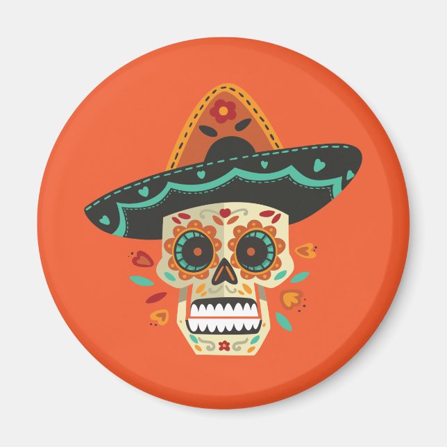 Calavera de azúcar con Gorra Dia de Muertos | Imán (Frente)