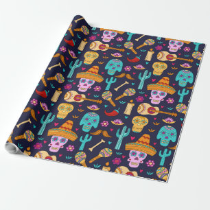 Calavera de azúcar en papel envolvente de patrón a