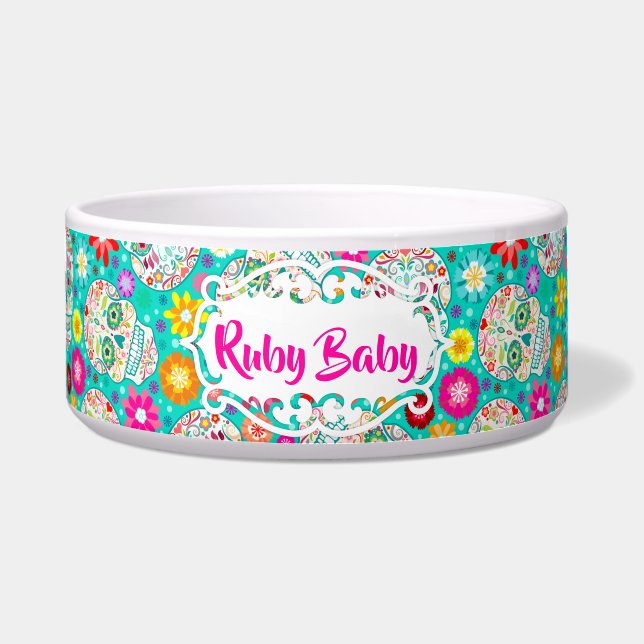 Calavera de azúcar en Verde azulado bol de mascota (Frente)