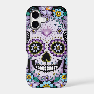 Calavera de azúcar morado con flores