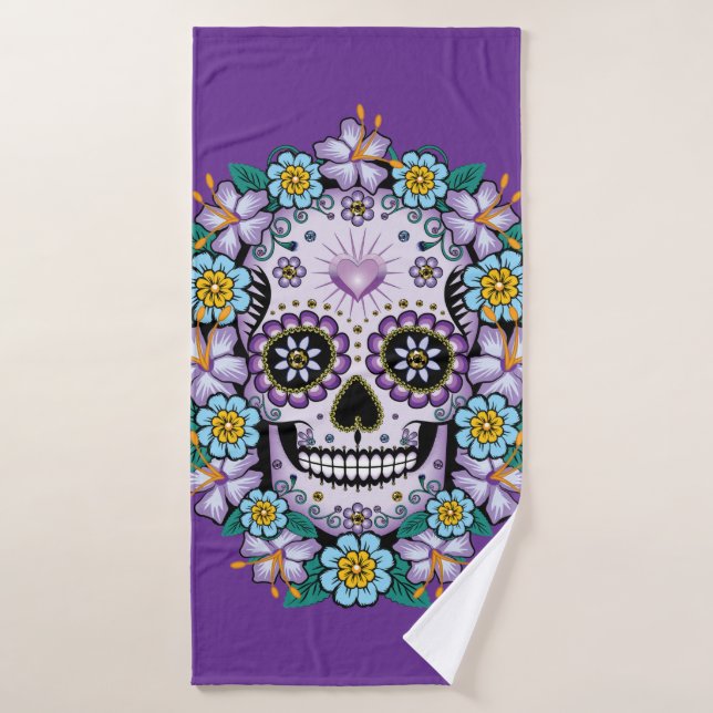 Calavera de azúcar morado con flores (Toalla de baño)