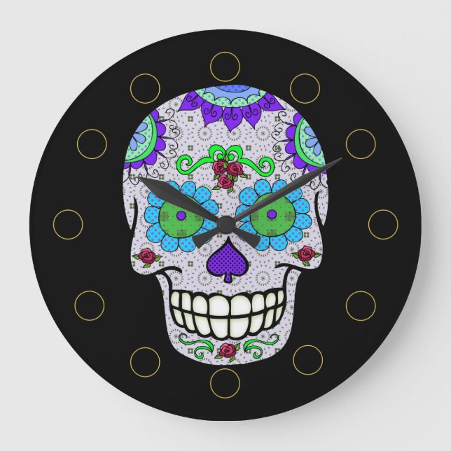 Calavera de azúcar, reloj de pared redondo DOTD (g (Anverso)