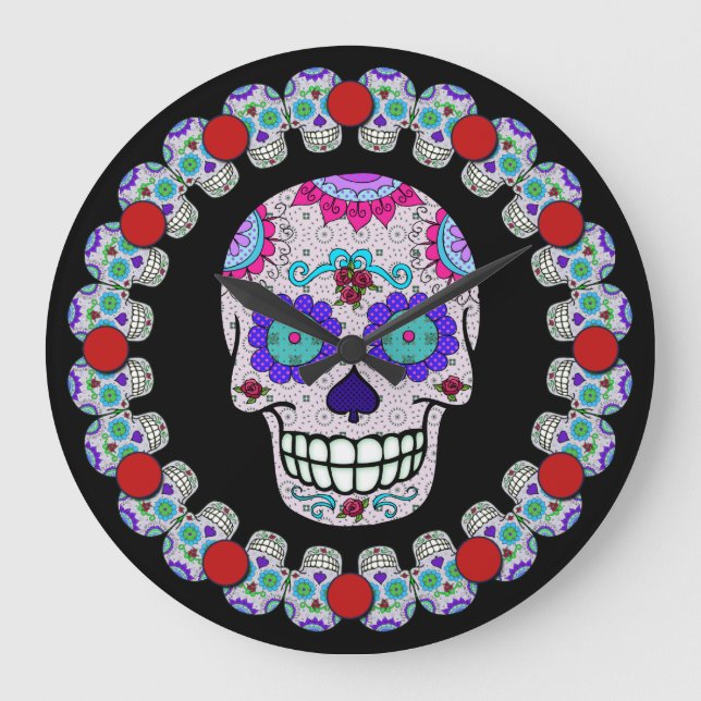 Calavera de azúcar, reloj de pared redondo DOTD (g (Anverso)
