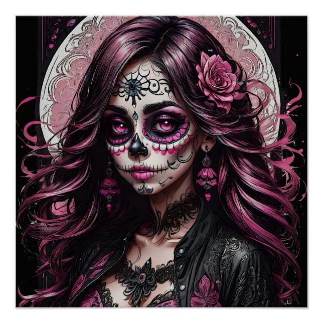Calavera de azúcar rosa colorida no p3 Poster bril (Anverso)