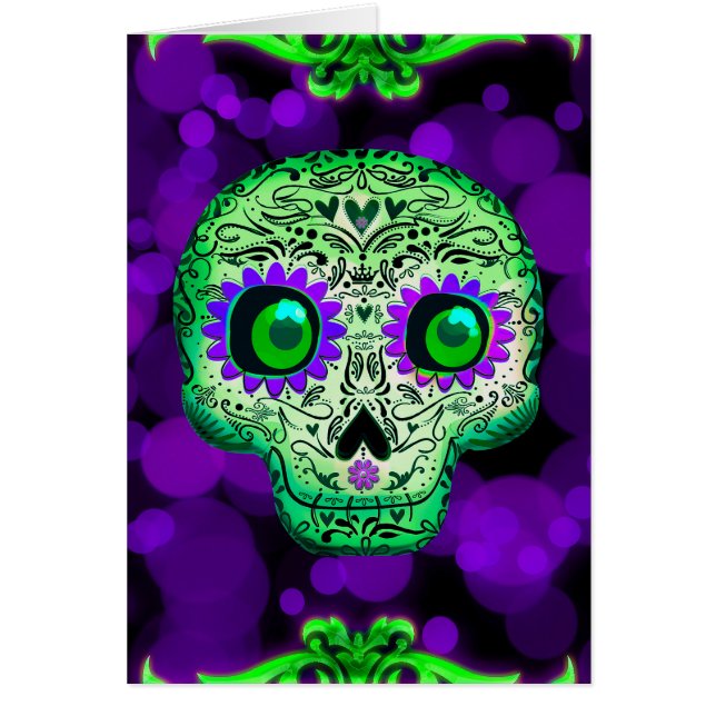 Calavera de azúcar verde y morada con iluminación  (Frente)