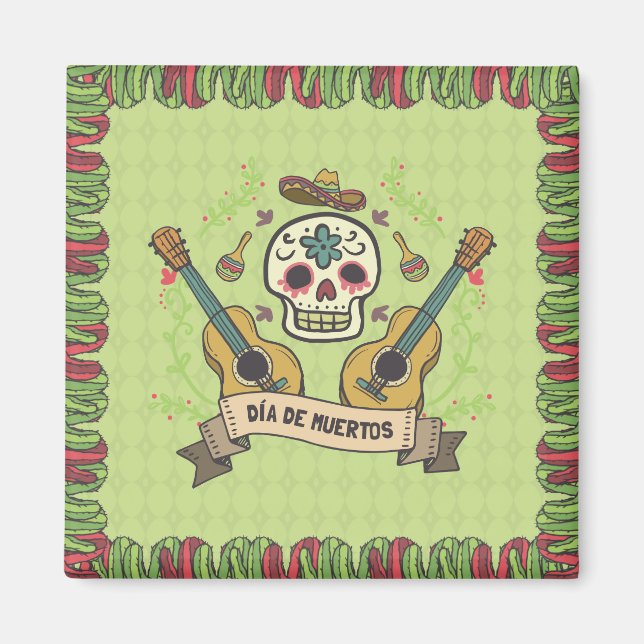 Calavera de azúcar y Guitars Dia de Muertos | Imán (Frente)