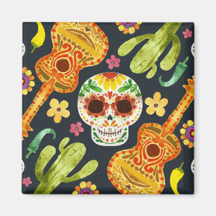 Calavera de azúcar y Guitars Dia de Muertos Imán