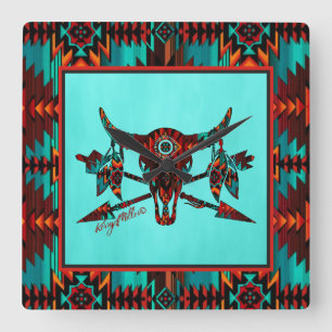 Calavera de búfalo suroeste y reloj de pared cuadr