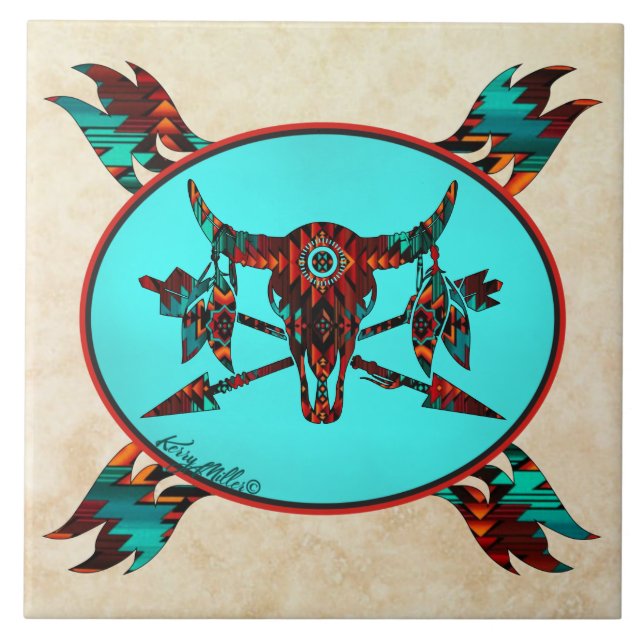 Calavera De Búfalo Y Azulejos De Cerámica De Flech (Frente)