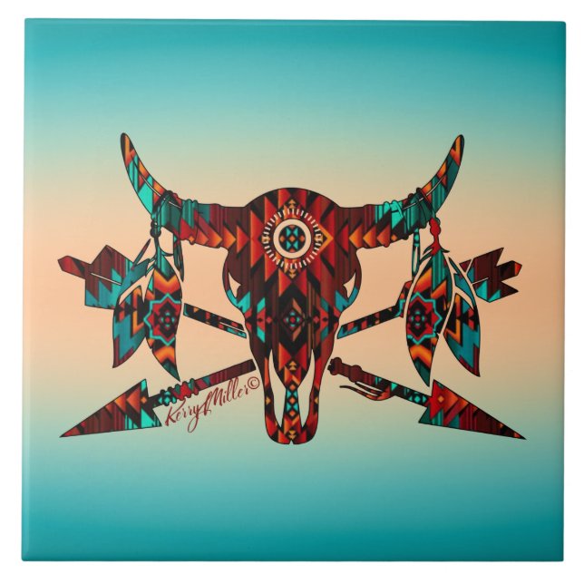 Calavera De Búfalo Y Azulejos De Cerámica De Flech (Frente)