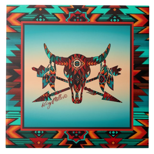 Calavera De Búfalo Y Azulejos De Cerámica De Flech (Frente)