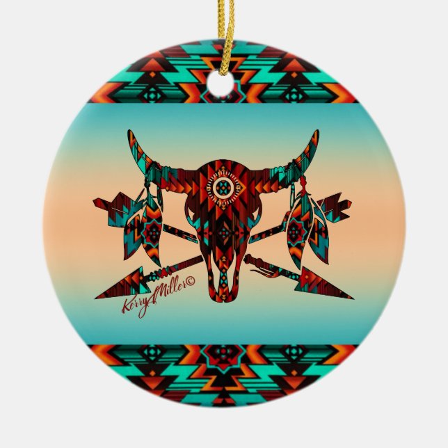 Calavera De Búfalo Y Flechas Ornamento Cerámico (Frente)