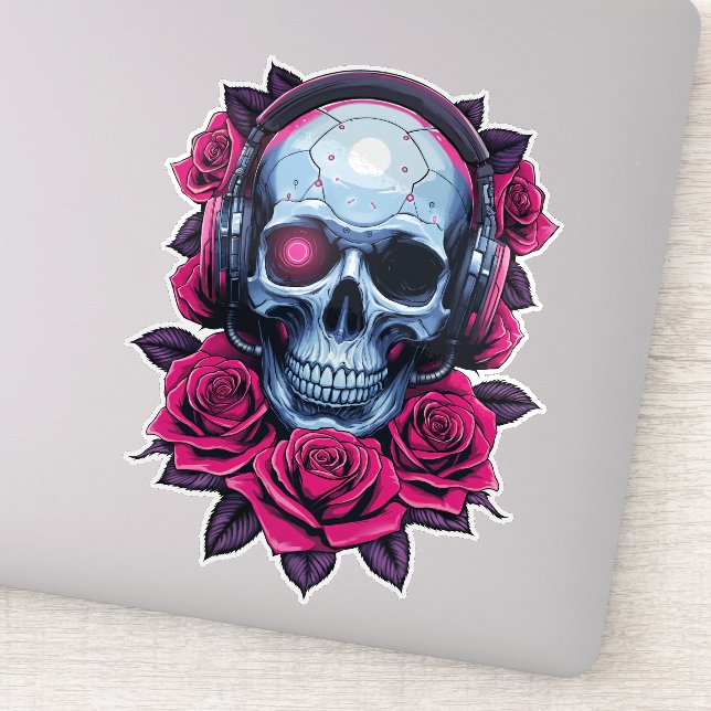 Calavera de cibermuerte en neón y Pegatina de Rosa (Detalle)