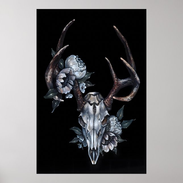 Calavera de Ciervo con Flores- Impresión Giclee de (Frente)