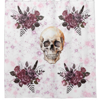 Calavera de cortina de ducha gótica, Rosas y Purpu
