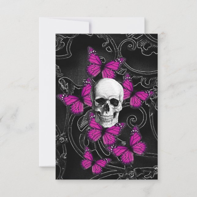 Calavera de fantasía y mariposas rosadas calientes (Anverso)