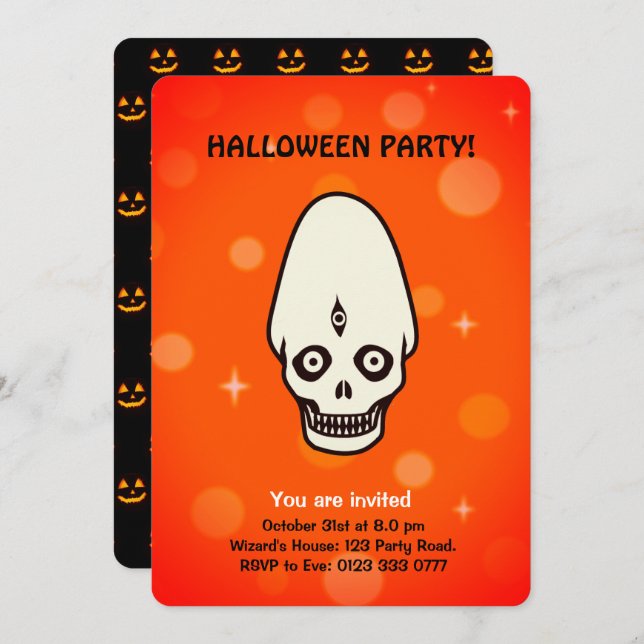 Calavera de Halloween con invitación de negros y n (Anverso / Reverso)