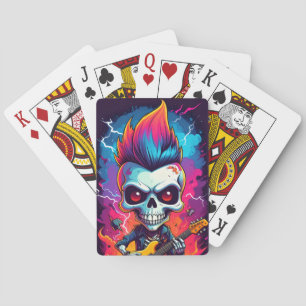 Calavera de roquero con cartas clásicas de juego d