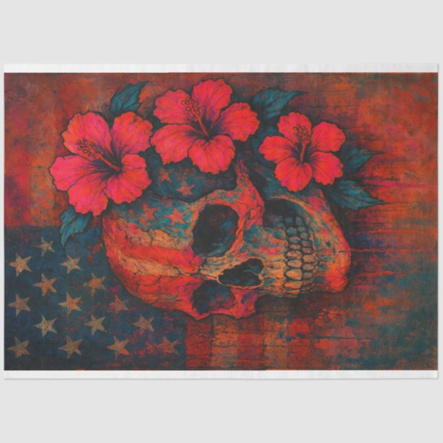Calavera e Hibiscus en papel de bandera roja (Anverso)