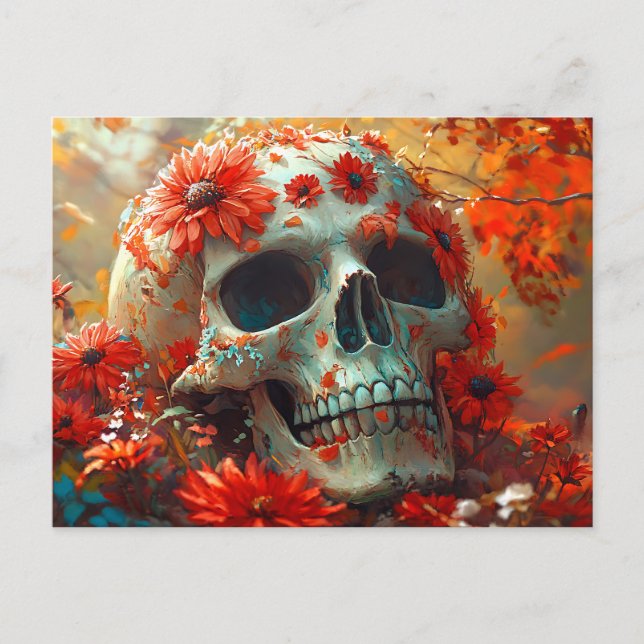 Calavera entre flores silvestres Postal de otoño d (Anverso)