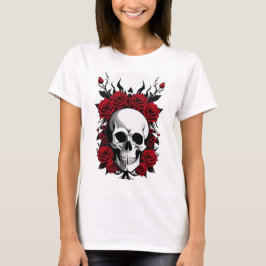Calavera gótica camiseta con flores rojas