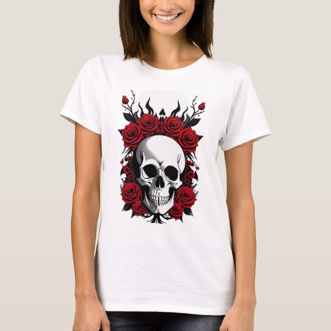 Calavera gótica camiseta con flores rojas (Anverso)