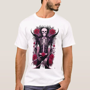 Calavera gótica y flores rojas Camiseta básica mas