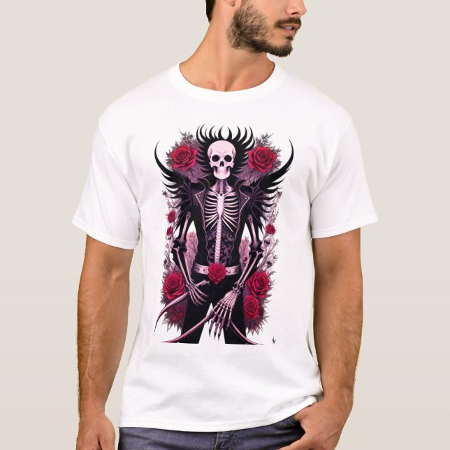 Calavera gótica y flores rojas Camiseta básica mas (Anverso)