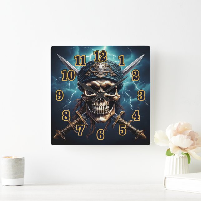 Calavera pirata con reloj de pared de espadas (Hogar)