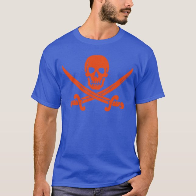 Calavera pirata Naranja y espadas camiseta azul (Anverso)