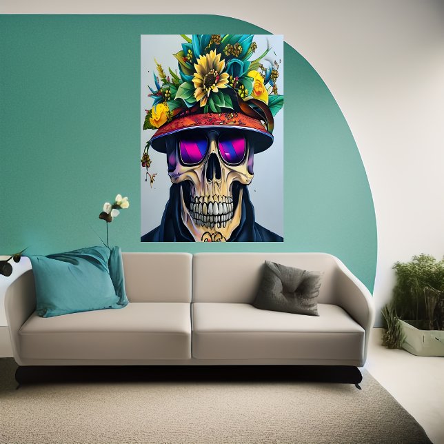Calavera sonriente con gorra y flor | Arte IA (Subido por el creador)