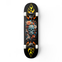 Calavera y flores, fuego, velocidad, patineta