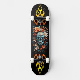 Calavera y flores, fuego, velocidad, patineta