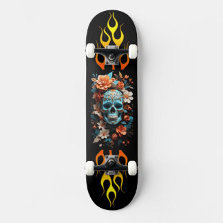 Calavera y flores, fuego, velocidad, patineta